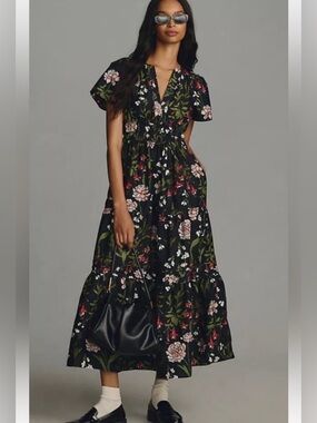 Anthropologie The Somerset Maxi Dress Tiered Smocked Floral Black Motif XSP
